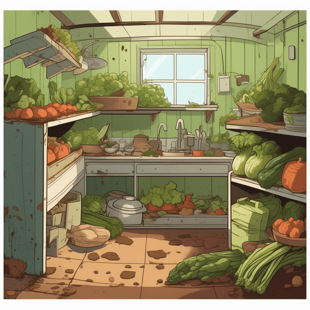 a pile of forgotten vegetables sits in a dark corner, with visible brown spots and green mold covering their surfaces. Flies buzz around the decomposing produce as terrible smells rise upward in visible wavy lines. A person opens the pantry door and immediately covers their nose with their hand, recoiling backward. Their face shows disgust as they discover the source of the awful odor. Another family member peers over their shoulder, also pinching their nose shut. The scattered peels and mushy texture show advanced decay. organic matter putrefying and producing a foul smell through decomposition