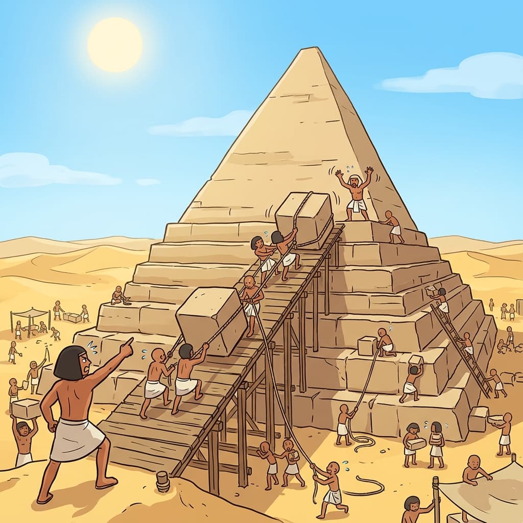 Ancient workers haul massive stones up the rising pyramid under the desert sun.