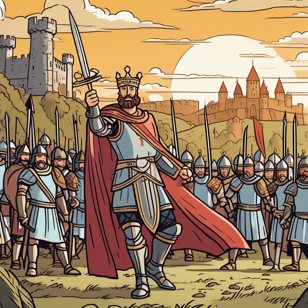 a crowned king stands triumphantly holding his sword high while surveying the battlefield. His banner waves behind him showing he has won the battle. However, scattered around him are the fallen bodies of most of his own soldiers and knights. Only two or three of his men remain standing, all looking wounded and exhausted. The castle he fought to capture is badly damaged and burning in several places. Enemy soldiers also lie defeated but the cost to achieve this victory is clearly enormous. a victory that came at such a great cost that it feels more like a defeat