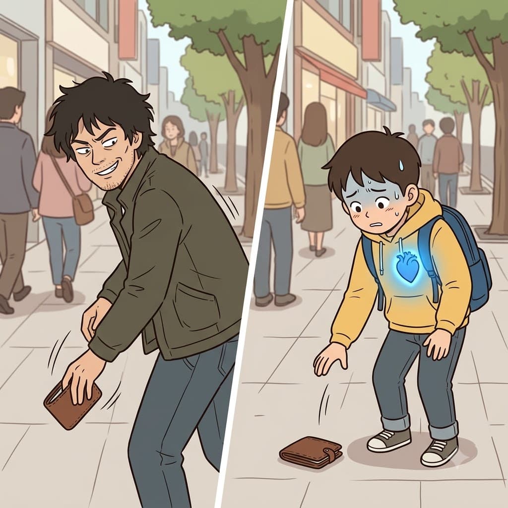 While the greedy thief took the dropped money without hesitation, the honest boy felt qualms and pulled his hand back.