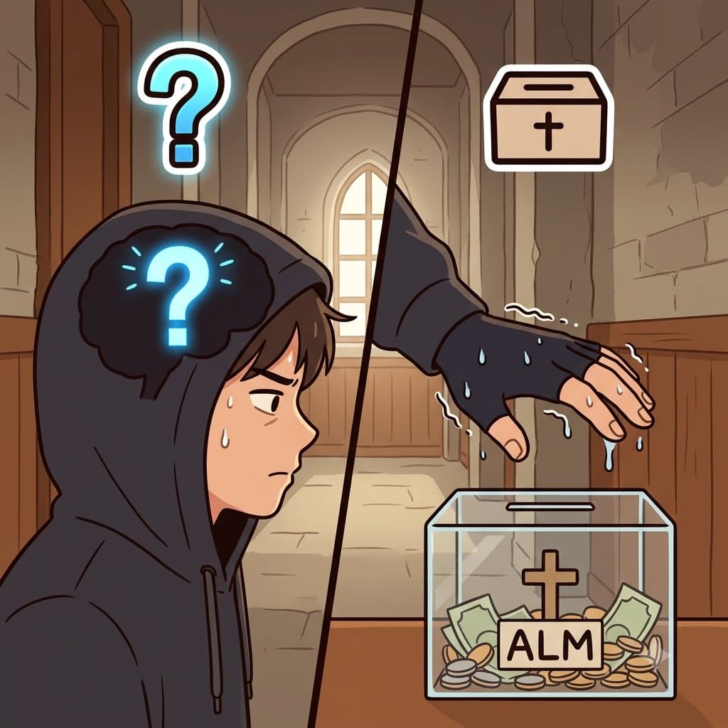 QU (question) + ALM (alms/charity) — before stealing the charity money, the thief faced several sharp questions of conscience and felt deep qualms.