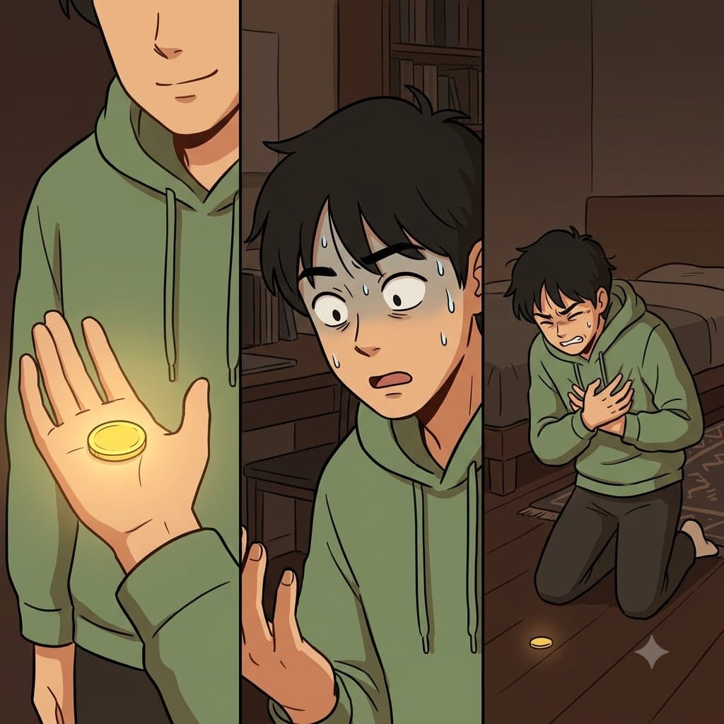 Looking at the stolen gold in his palm, he instantly lost his calm and was overwhelmed by qualms.