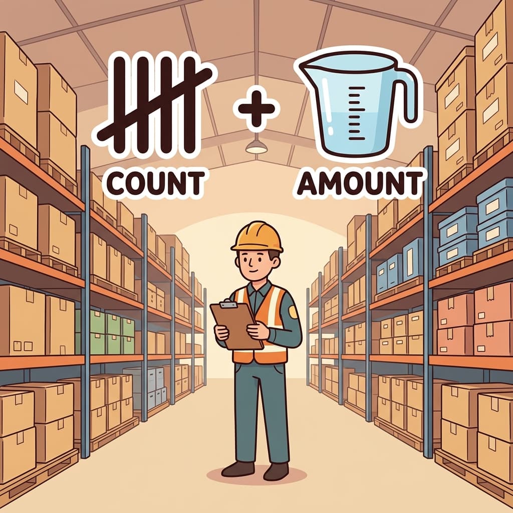 The warehouse tracked the quantity of products in storage. (COUNT + AMOUNT = QUANTITY)