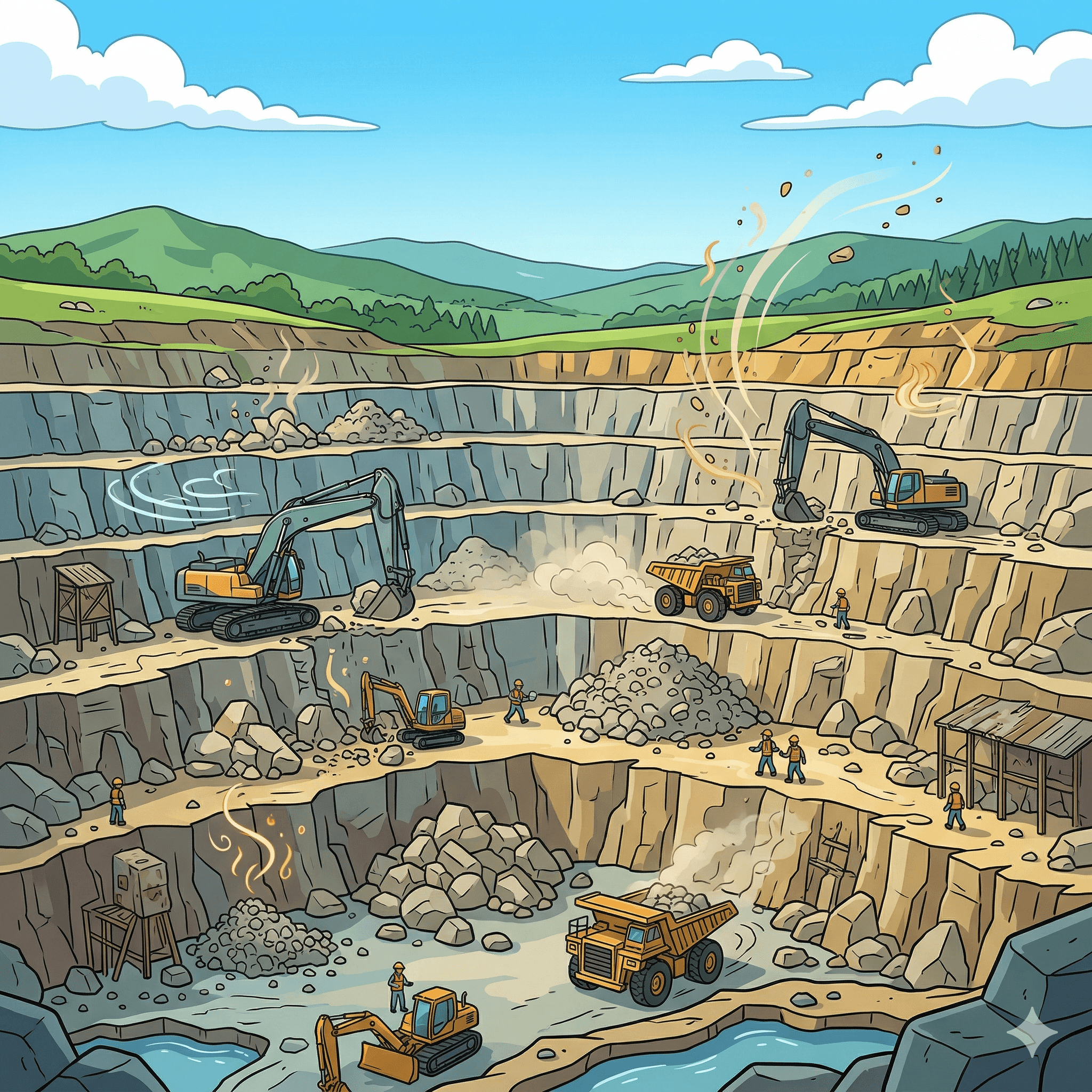 A massive, terraced stone quarry, actively mined by giant excavators and small workers under a clear sky.