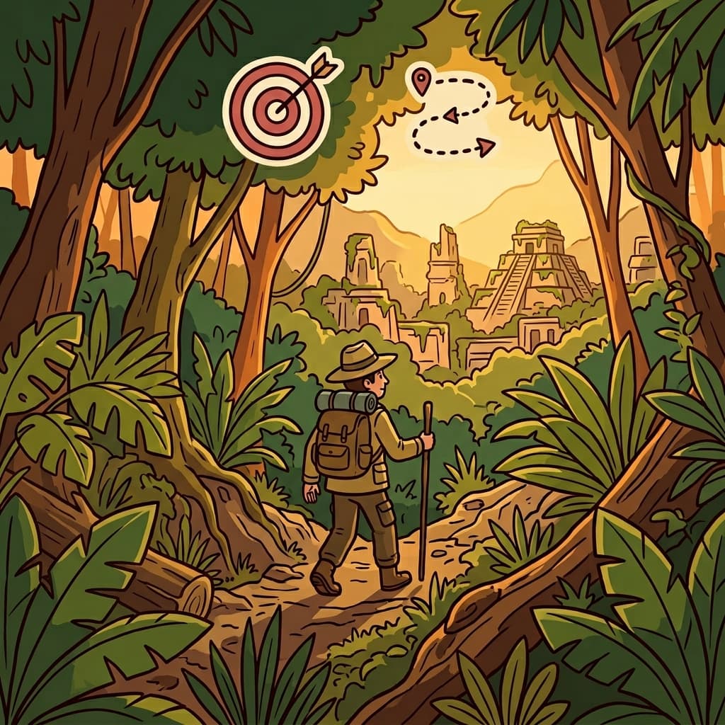 The explorer's quest was to discover a hidden city. (GOAL + JOURNEY = QUEST → a journey to achieve an important goal)