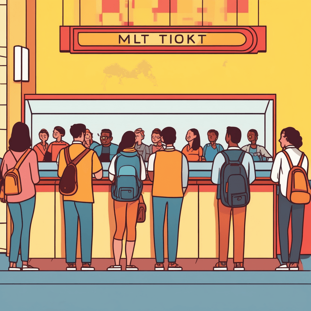 A queue of people waiting patiently in line at a cinema ticket counter
