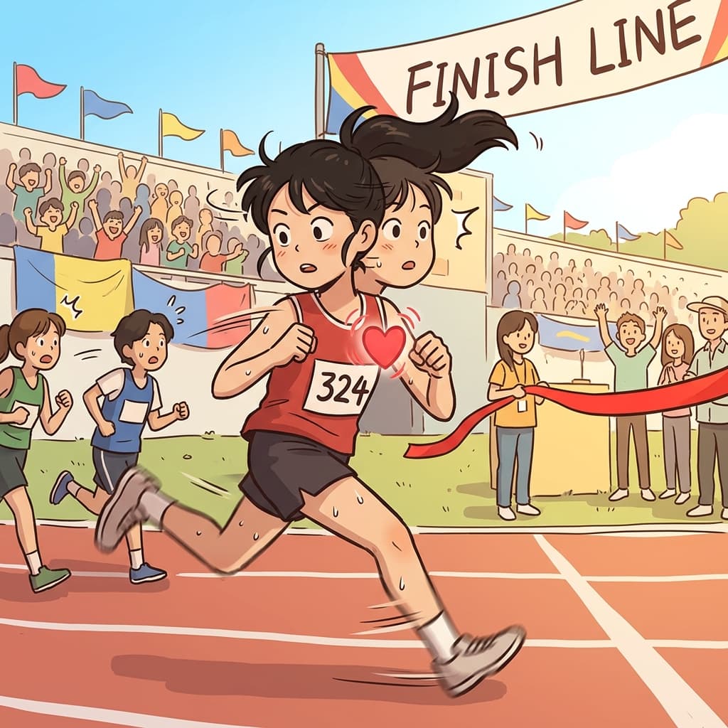 Her heartbeat quickens as she sees the finish line just ahead.