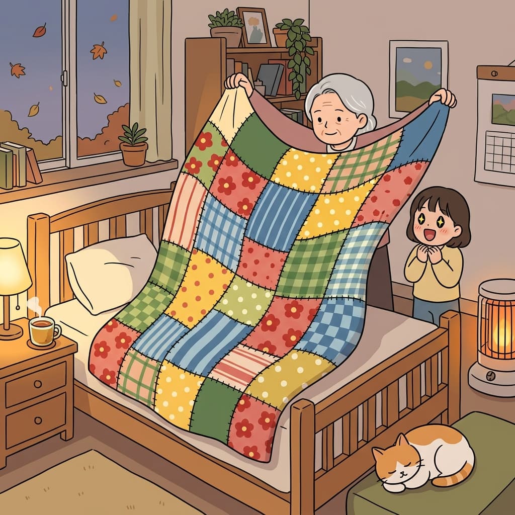 Grandma spreads a colorful patchwork quilt over the bed on a chilly evening.