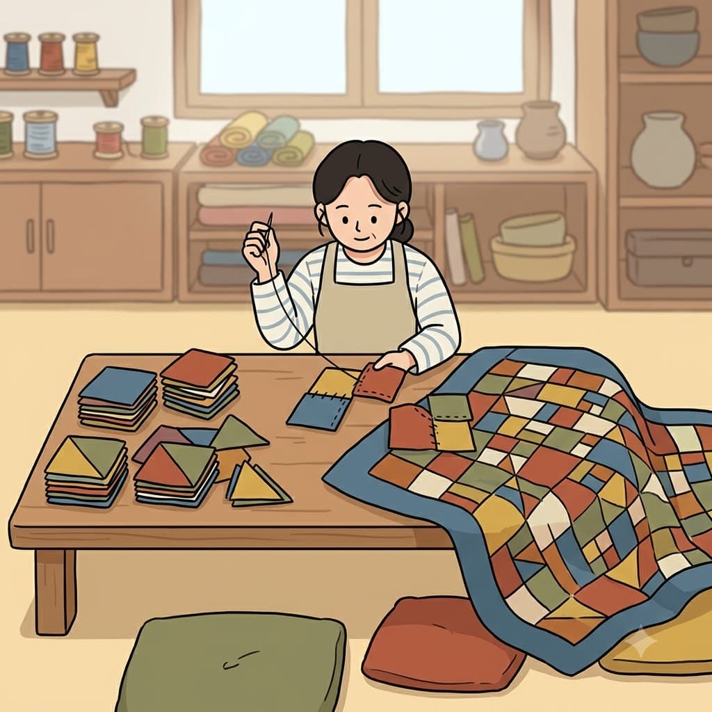 The quilt was made piece by piece, with each colorful patch stitched into the growing blanket. (Think: QUILT → PIECE BY PIECE: A quilt is built from pieces of fabric.)