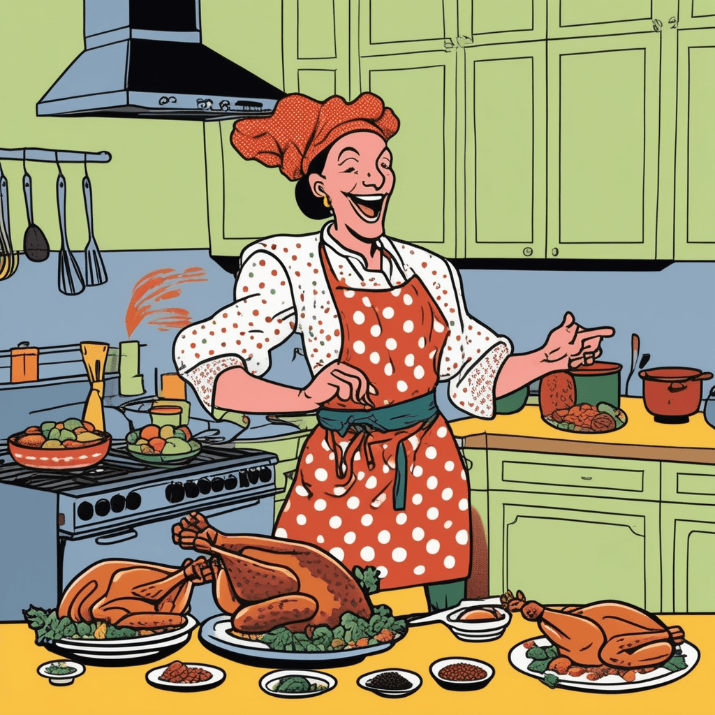 A quirky chef stays perky while cooking turkey!