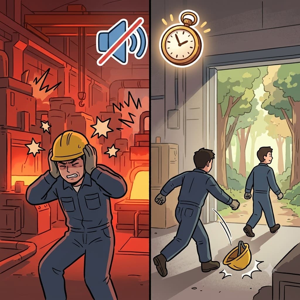 QUI(quiet) + T(time) — by actively taking a QUI(quiet) T(time) away from the noisy factory, the exhausted worker decided to quit.