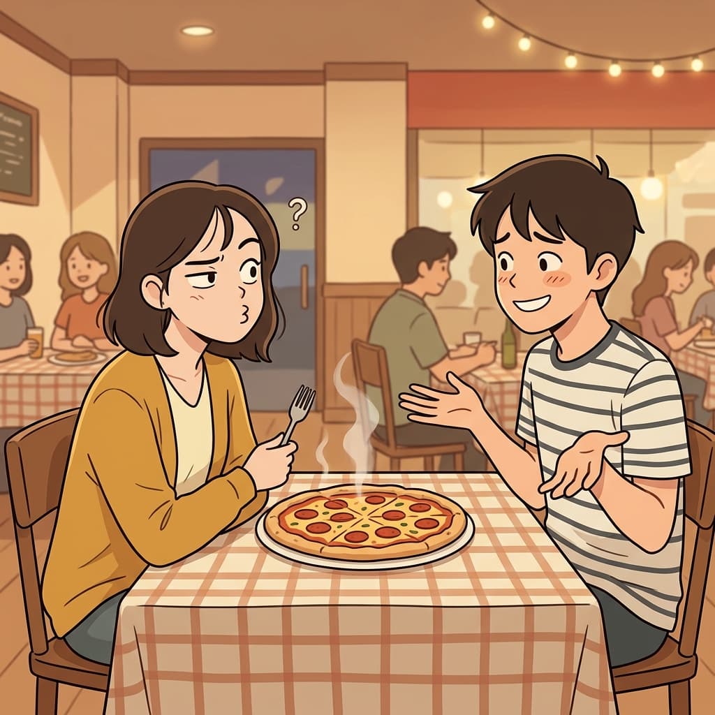 She gave him a quizzical look when he claimed he'd never eaten pizza.