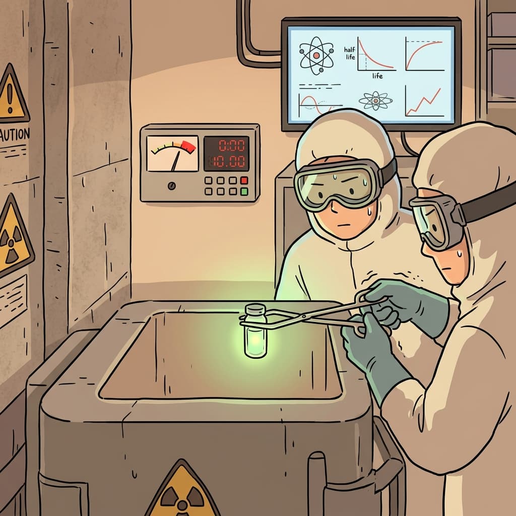 Scientists carefully store a glowing radioactive isotope in a lead-lined chamber.