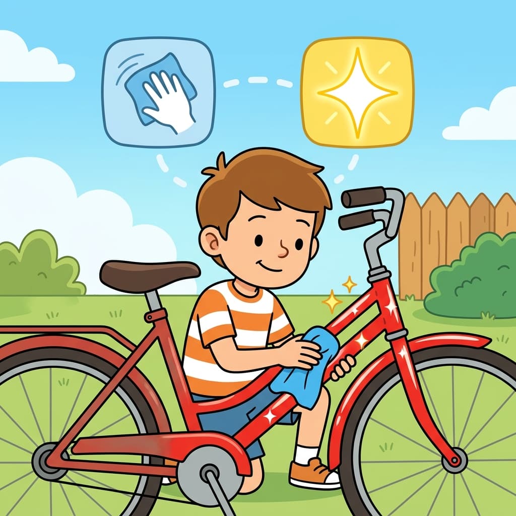 The boy used a rag to make the old bicycle shine. (RAG = RUB AND GLOW → a cloth used to rub and clean things)