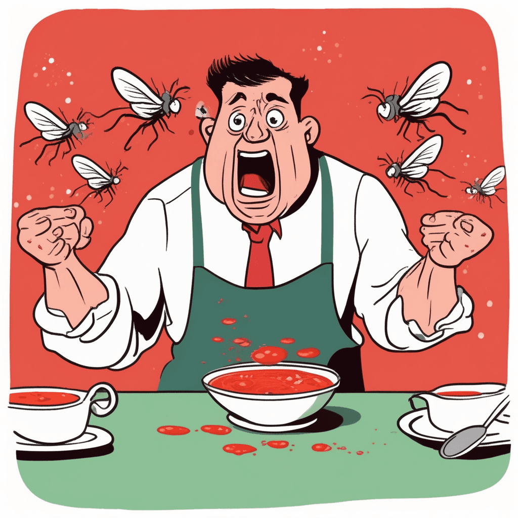 a red-faced chef violently throws pots and pans across the kitchen while screaming. His face is twisted with fury as he kicks over a trash bin and sweeps dishes off the counter. A waiter had accidentally dropped a tray of food, causing the chef to completely lose control. The spilled food on the floor triggered an explosion of violent anger that shocked everyone nearby. Other kitchen staff duck and cover as flying cookware crashes around them. Some workers back away in fear while others try to calm the situation. violent uncontrollable anger taking over completely