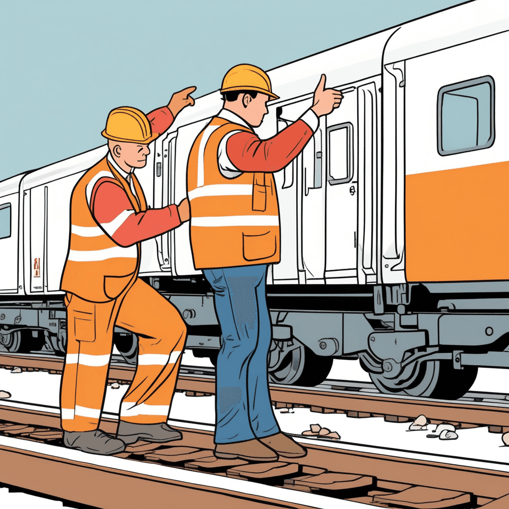 Workers inspecting steel railway rails