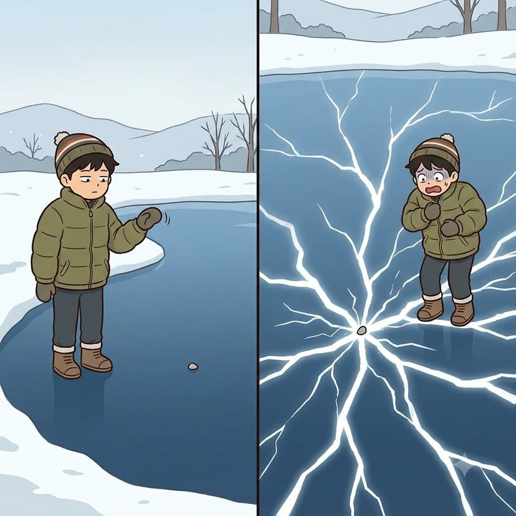 While the boy dropped just one tiny pebble, the spreading cracks showed the terrifying ramification on the frozen lake.