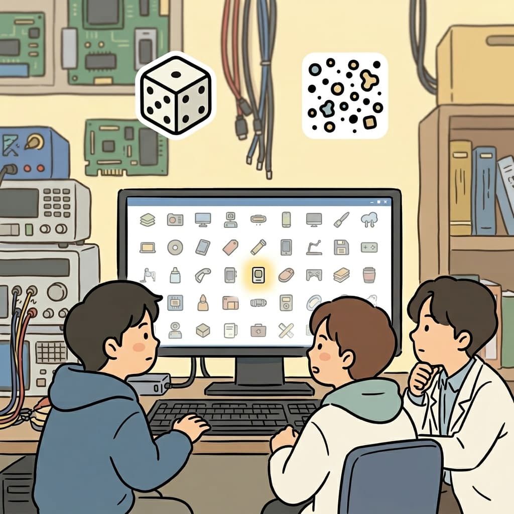 The computer randomly generated different icons with no clear pattern. (RANDOM + LY → things happen with no clear order or pattern)