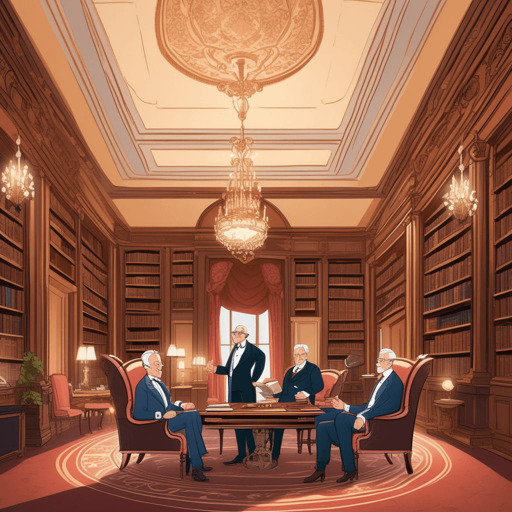 a well-dressed elderly professor holds an ancient manuscript while addressing a small group of elegantly clothed intellectuals. He gestures toward complex diagrams and rare texts displayed on an ornate wooden lectern. The exclusive audience nods thoughtfully, clearly understanding the esoteric subject matter being discussed. Their refined clothing and attentive postures show they belong to this select circle of learned individuals. A butler quietly serves expensive wine to the distinguished guests from crystal glasses. a select group engaging with esoteric and refined knowledge