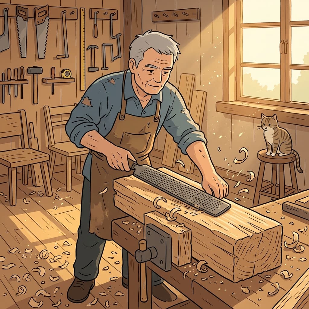 The carpenter's rasp shaves rough wood into a smooth curve.