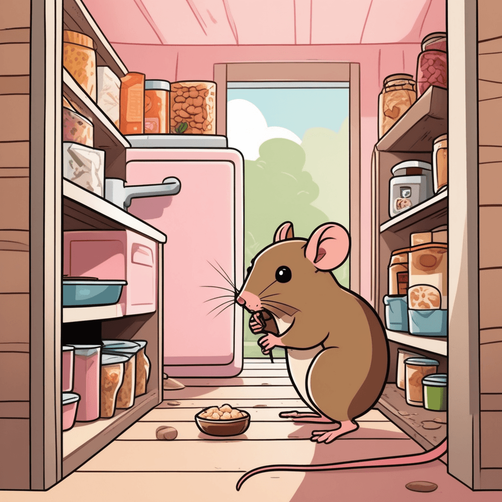 a brown rat with a long pink tail scurries across a wooden shelf between food packages. The rat pauses to sniff at a torn bag of flour with white powder spilling out. A house cat crouches on a lower shelf, watching the rat with alert green eyes and twitching whiskers. The cat's tail swishes back and forth as it prepares to pounce upward. A woman in the background points toward the shelf with a startled expression. a small rodent with a long tail that is larger than a mouse. Style: High-quality 2D vector cartoon illustration with bold outlines and dramatic tension. Color palette: warm brown and tan tones contrasted with bright kitchen lighting and colorful food packaging. High resolution 1:1 square composition The main subject must fill most of the frame Avoid empty background areas STRICT NO TEXT RULE Absolutely no text anywhere No letters No numbers No logos No labels No signage Replace any text areas with blank surfaces