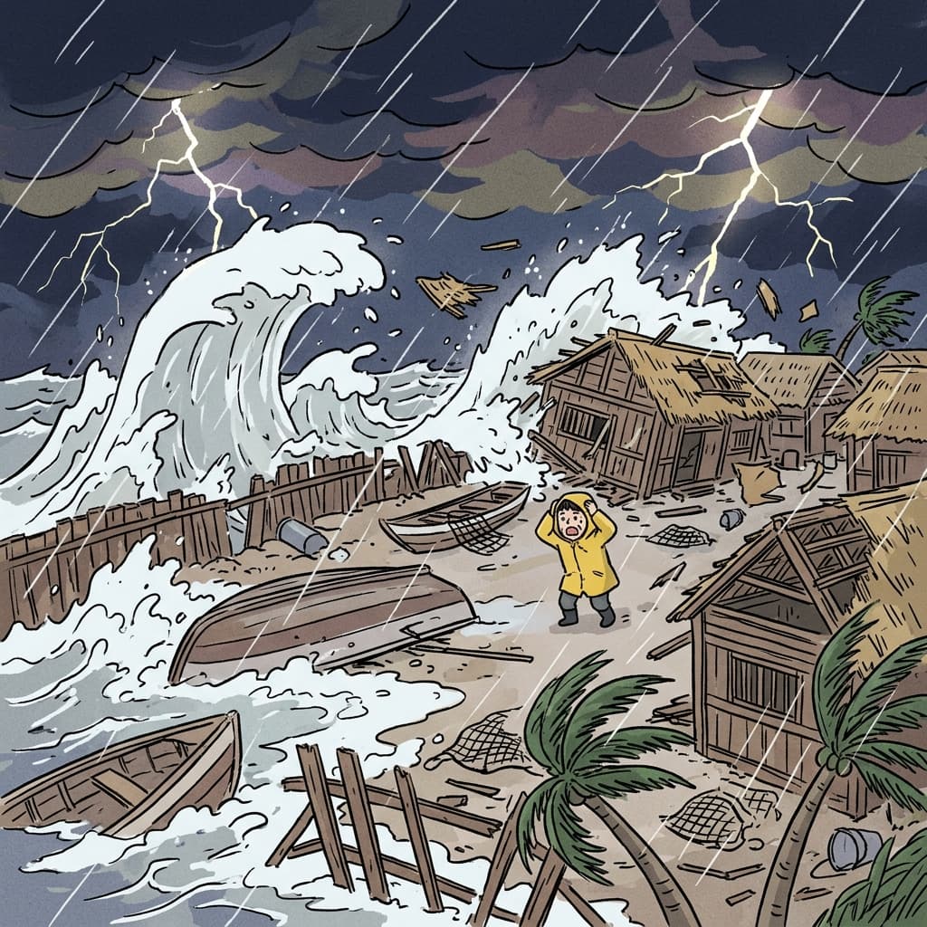 The storm continued to ravage the coastal village through the entire night.
