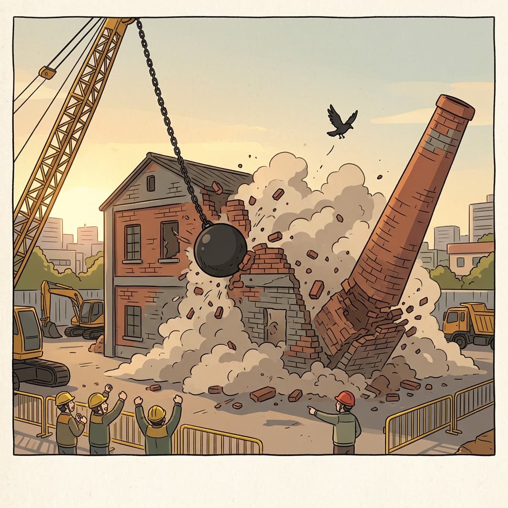 Wrecking crews raze the old factory to clear space for a new park.