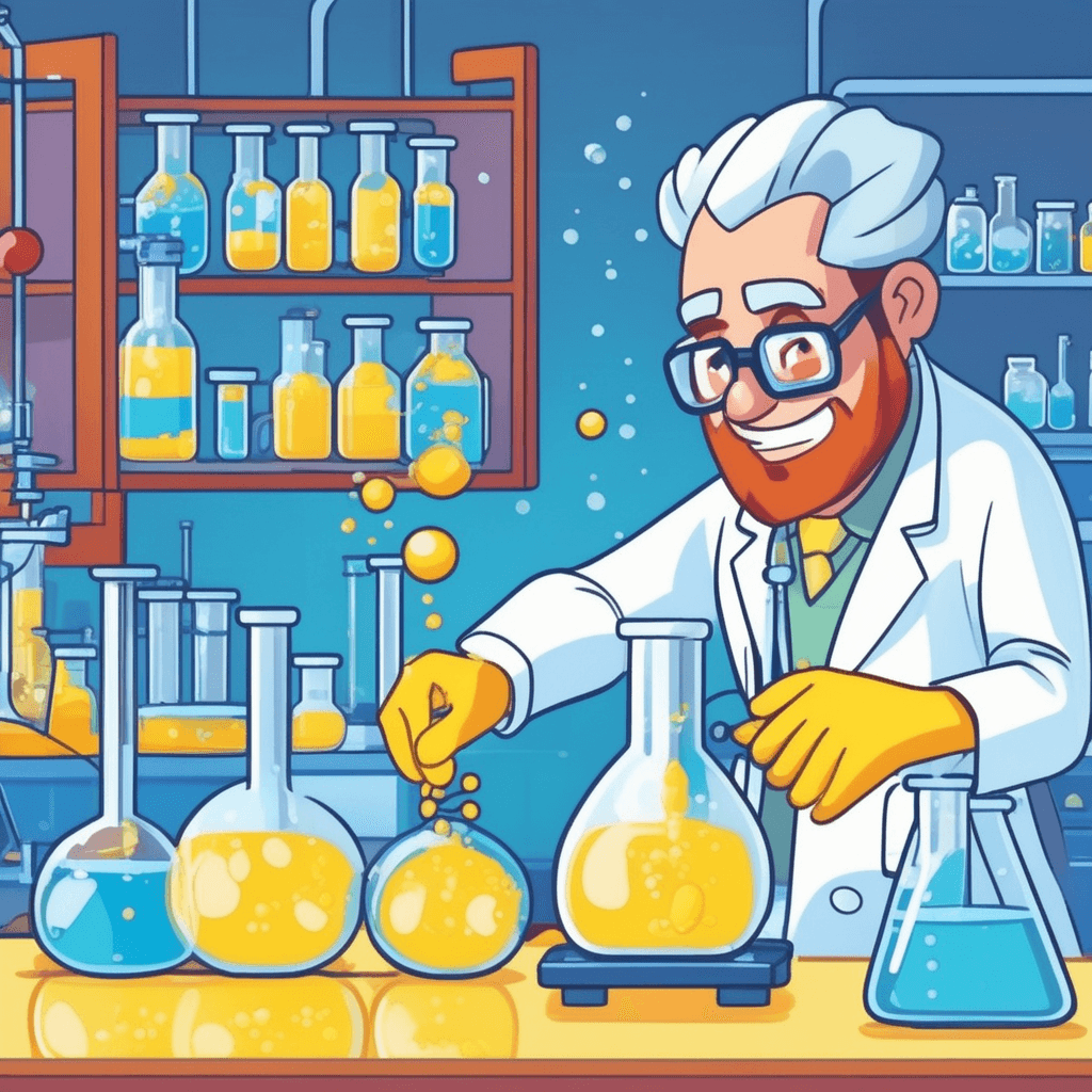 a scientist carefully pours a blue liquid from a beaker into a flask containing yellow solution. The two liquids immediately begin bubbling and changing color as they mix together. The blue and yellow substances transform into a bright green mixture with visible fizzing and steam. Another scientist nearby watches the reaction progress while holding additional materials ready to add. substances that take part in and undergo change during a reaction