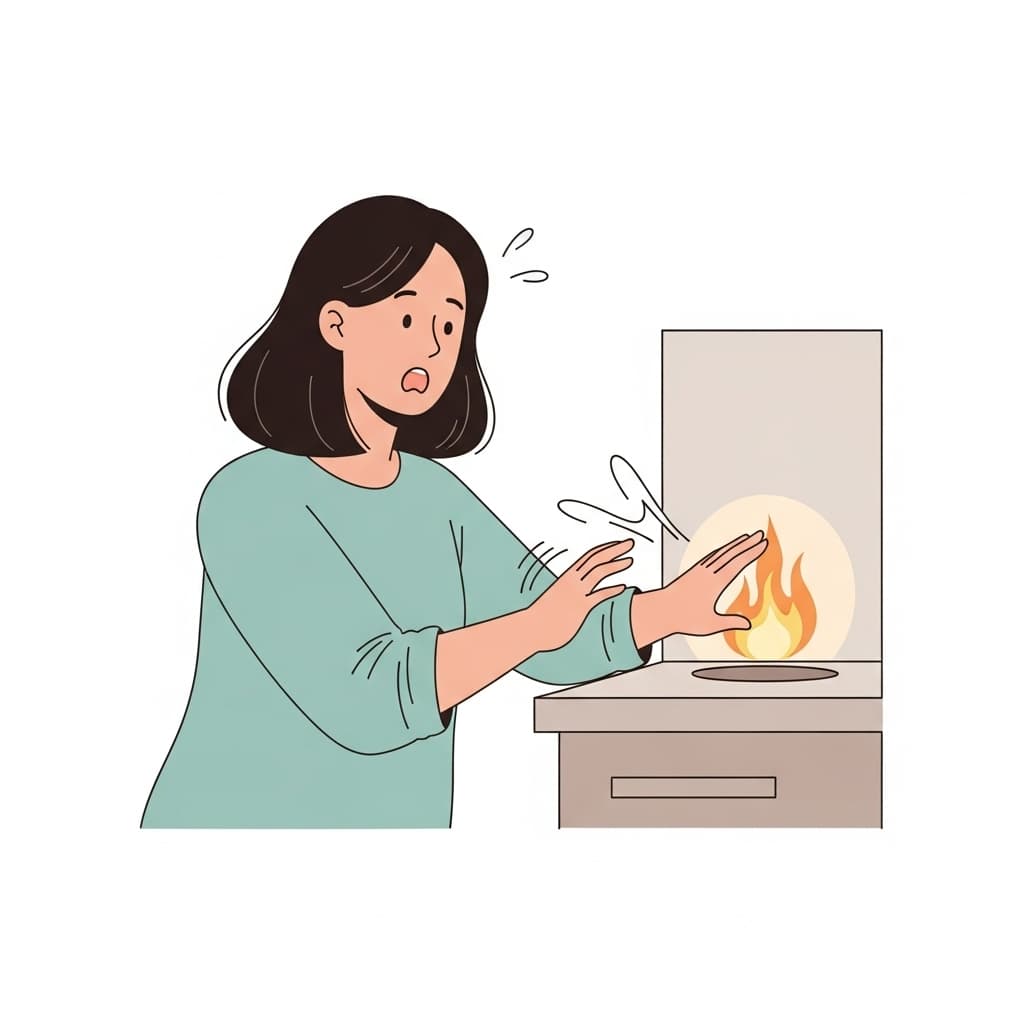 Her shocked reaction to the sudden flame shows pure surprise.