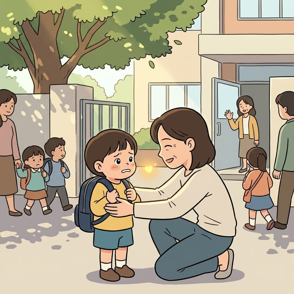 A mother gives gentle reassurance to her child before the first day of school.