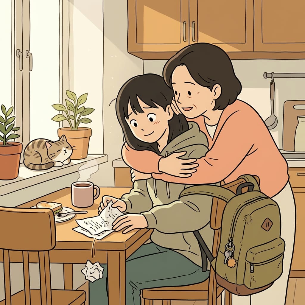 Her mother's reassuring hug melts away all the exam-day panic.