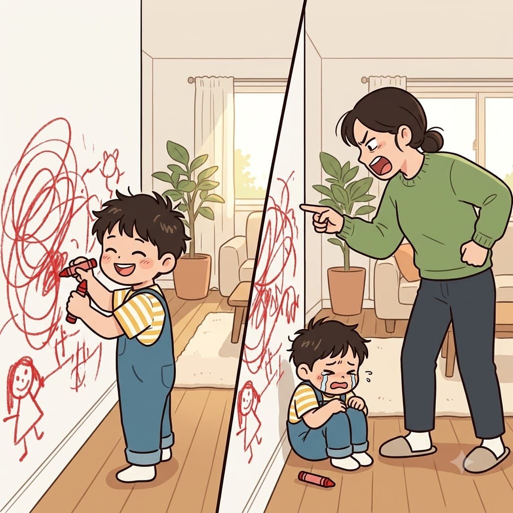 Pointing at the messy red crayon on the wall, the angry mother delivered a harsh rebuke to her crying son.