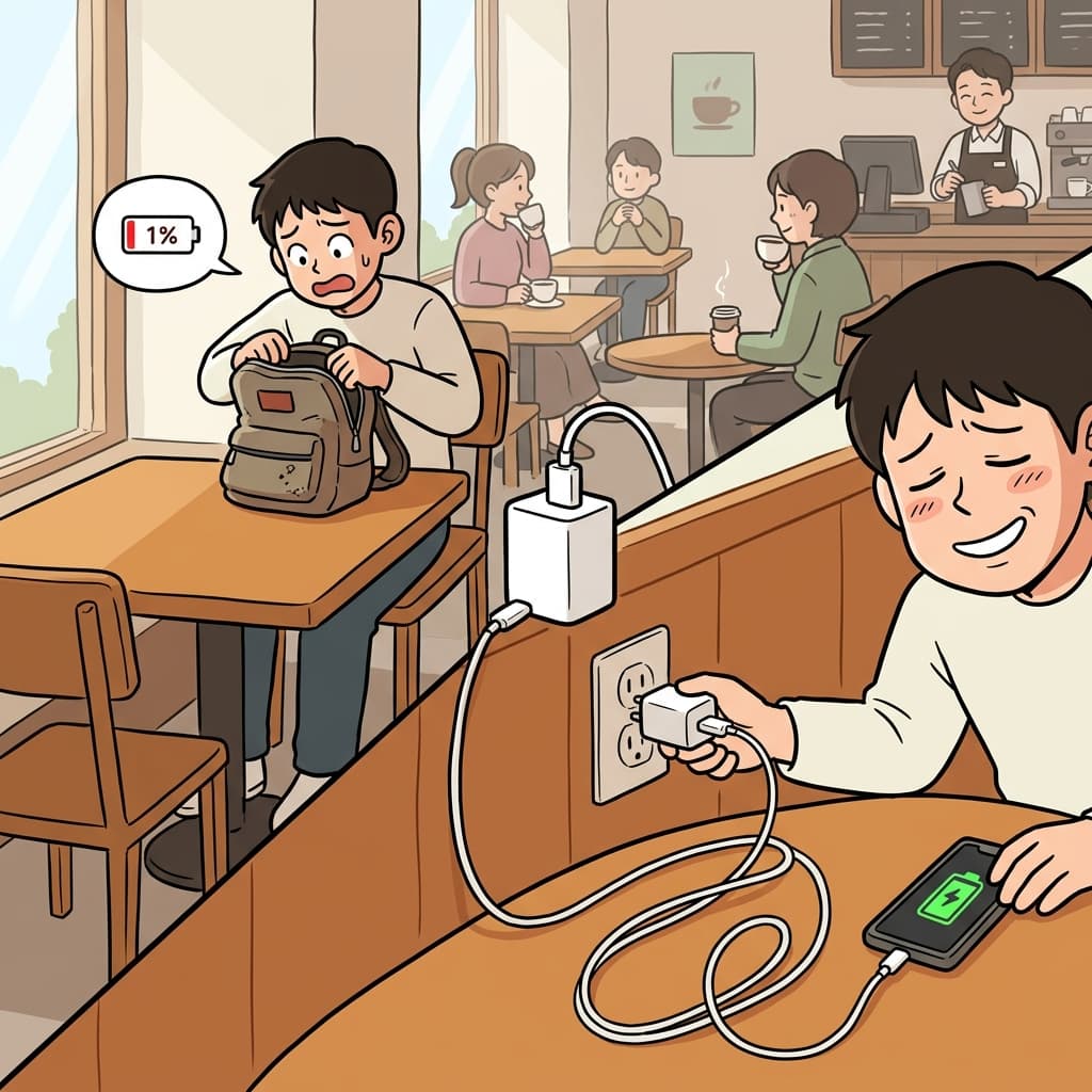 He grabbed his recharger and plugged in his dying phone at the cafe.