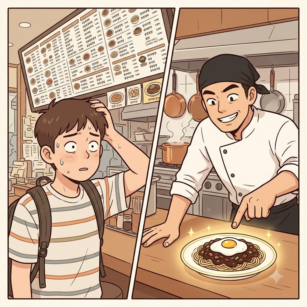While the confused tourist stared at a massive menu with too many options, the smiling chef confidently pointed to his signature dish to recommend it.