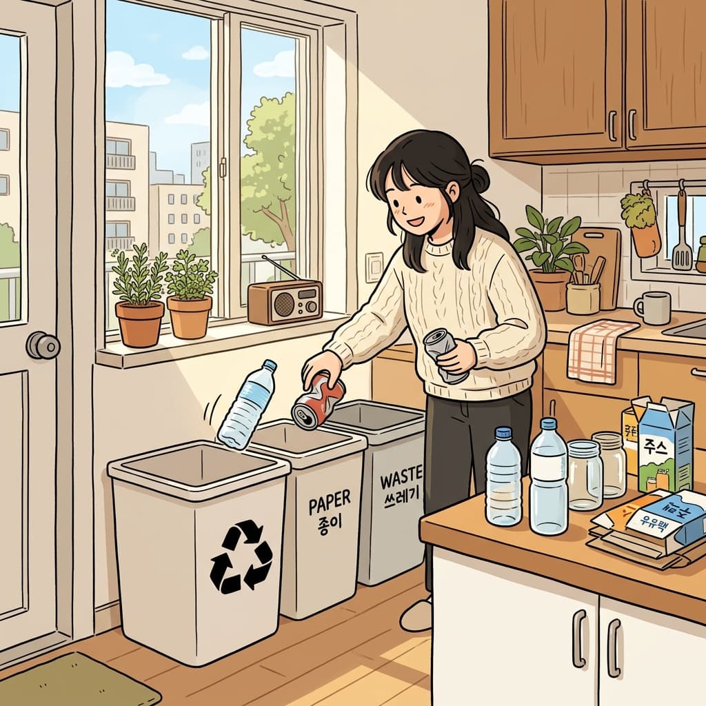 She sorts plastic bottles into the recyclable bin after lunch.
