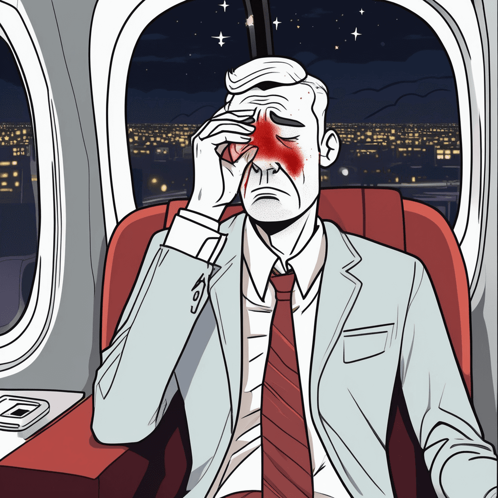 Red-eye flight at midnight, what a weary sight!