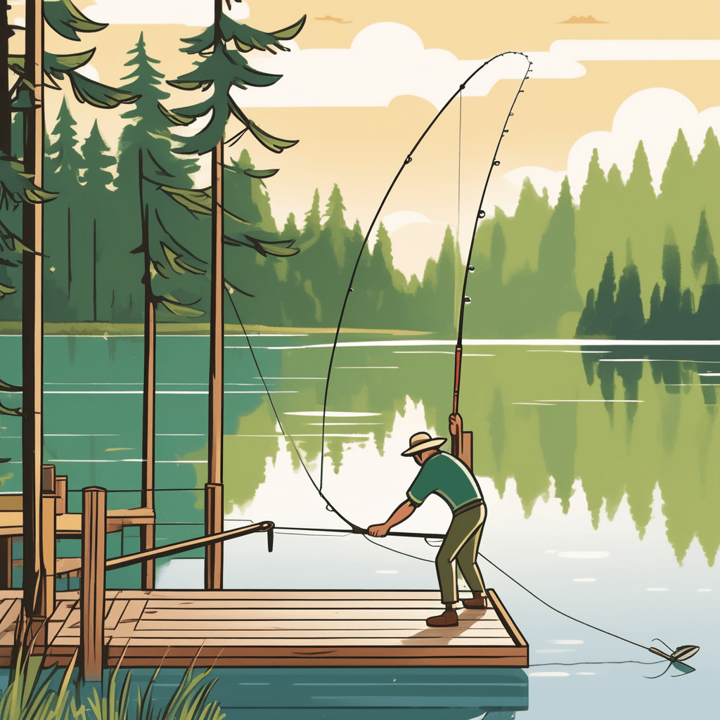 the fisherman reeling in his catch by winding the line on the reel