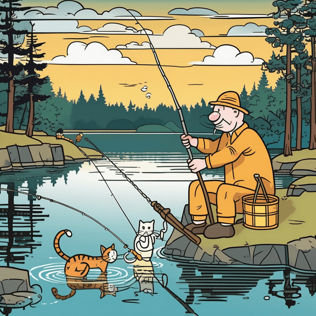Reel in the catch while cats steal in to snatch!