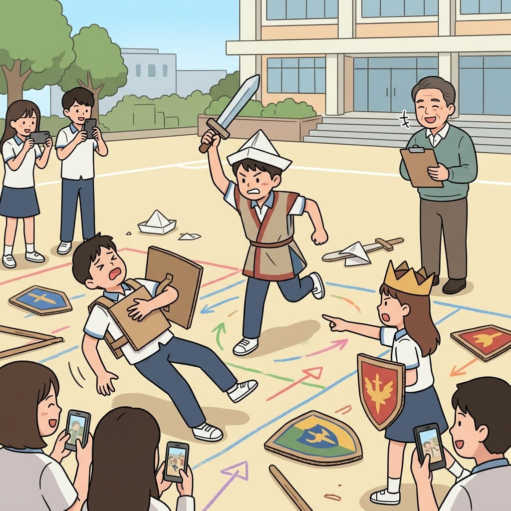 Students reenact a famous historical battle in the schoolyard for history class.