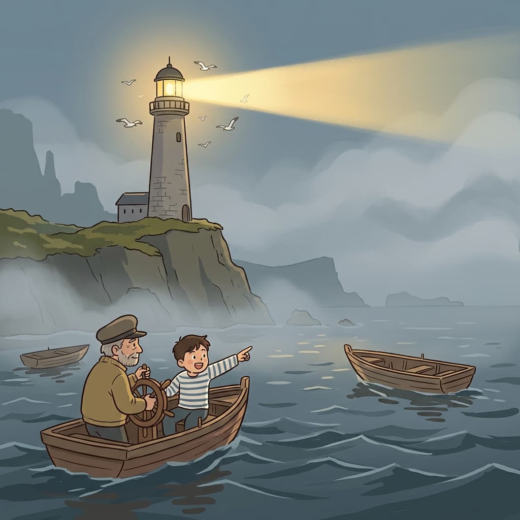 The lighthouse serves as a reference point for sailors navigating the foggy coast.