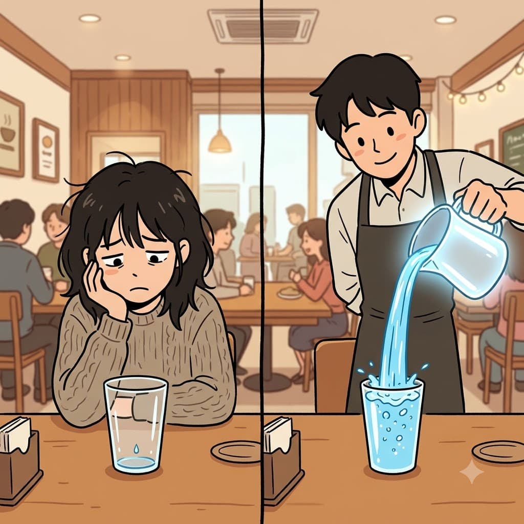While the thirsty customer stared sadly at his completely empty glass, the kind waiter aggressively poured water to refill it.