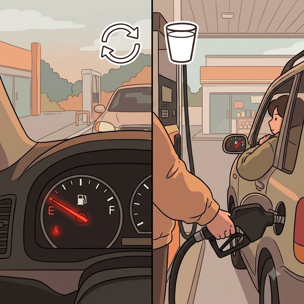 RE(again) + FILL(make full) — by aggressively deciding to FILL(make full) the empty gas tank RE(again), the driver managed to refill the car.