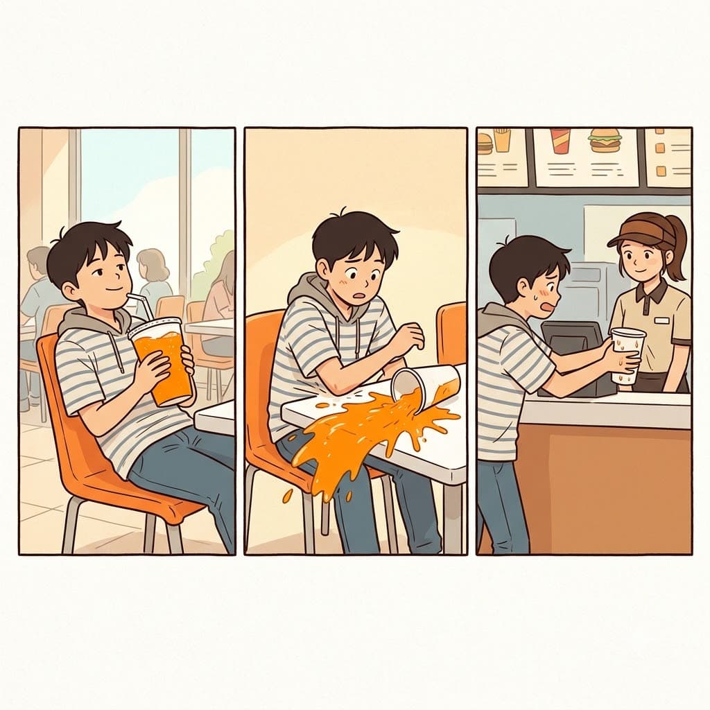 While trying to peacefully chill, the clumsy boy made a massive orange spill and had to ask the cashier for a fresh refill.
