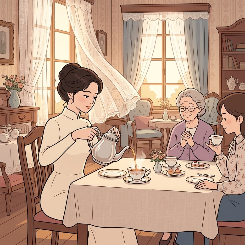 Her refined manners shine as she pours tea with perfect grace.