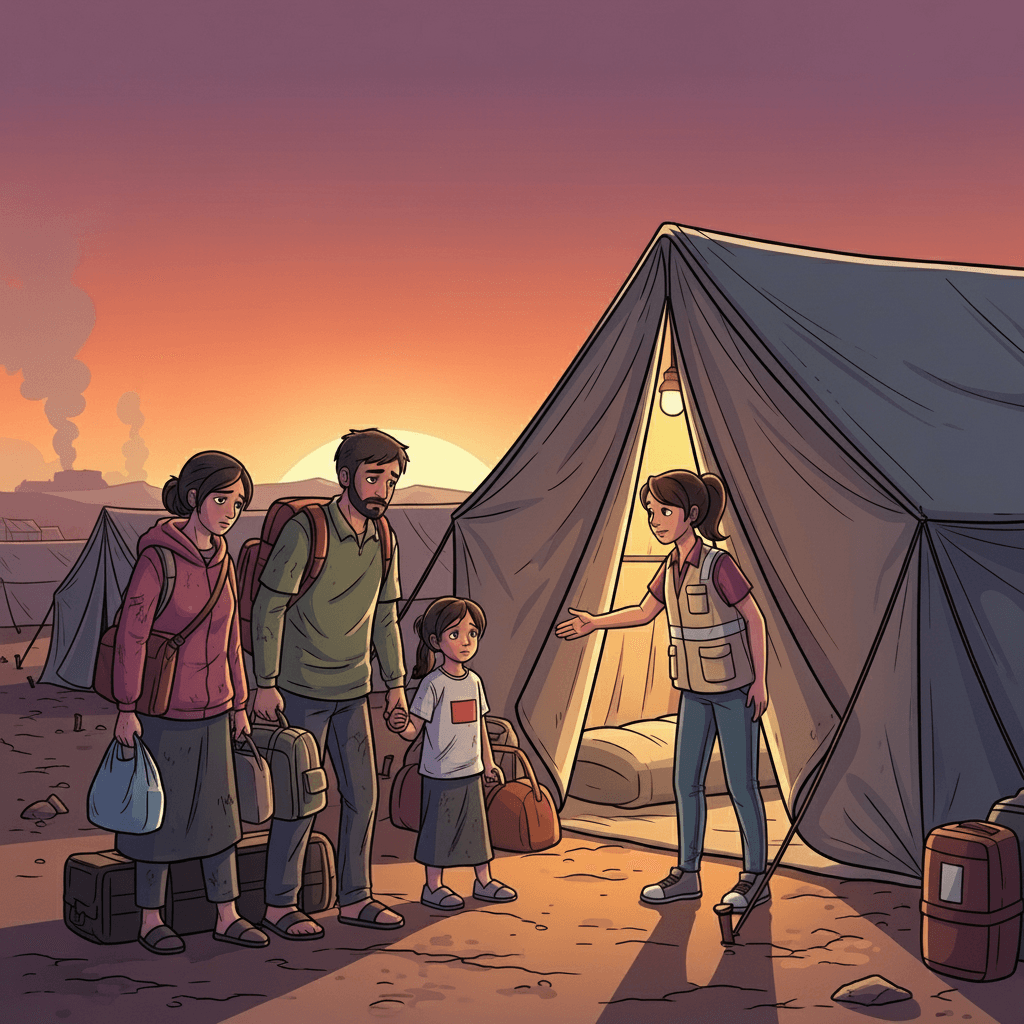The refugee family seeks safety after fleeing their home.