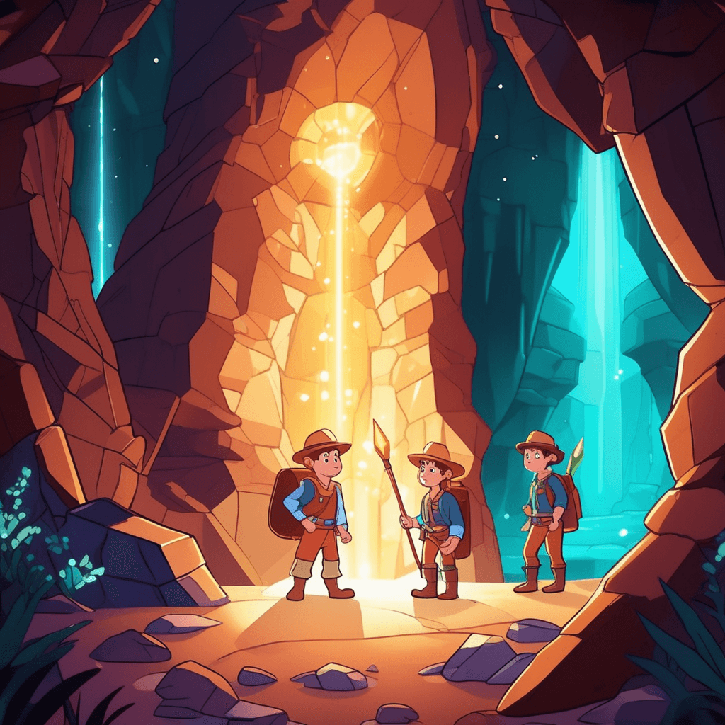 two explorers step into a cave chamber and immediately shield their eyes from an overwhelming bright light. The massive crystal formation before them radiates intense beams of light in all directions. The brilliant glow illuminates every corner of the previously dark cave with blazing intensity. The crystals pulse with such powerful luminescence that the explorers must squint and turn away. Other smaller gems scattered around the chamber also emit brilliant rays of light. The explorers' faces are completely lit up by the dazzling radiance surrounding them. something shining very brightly and radiantly