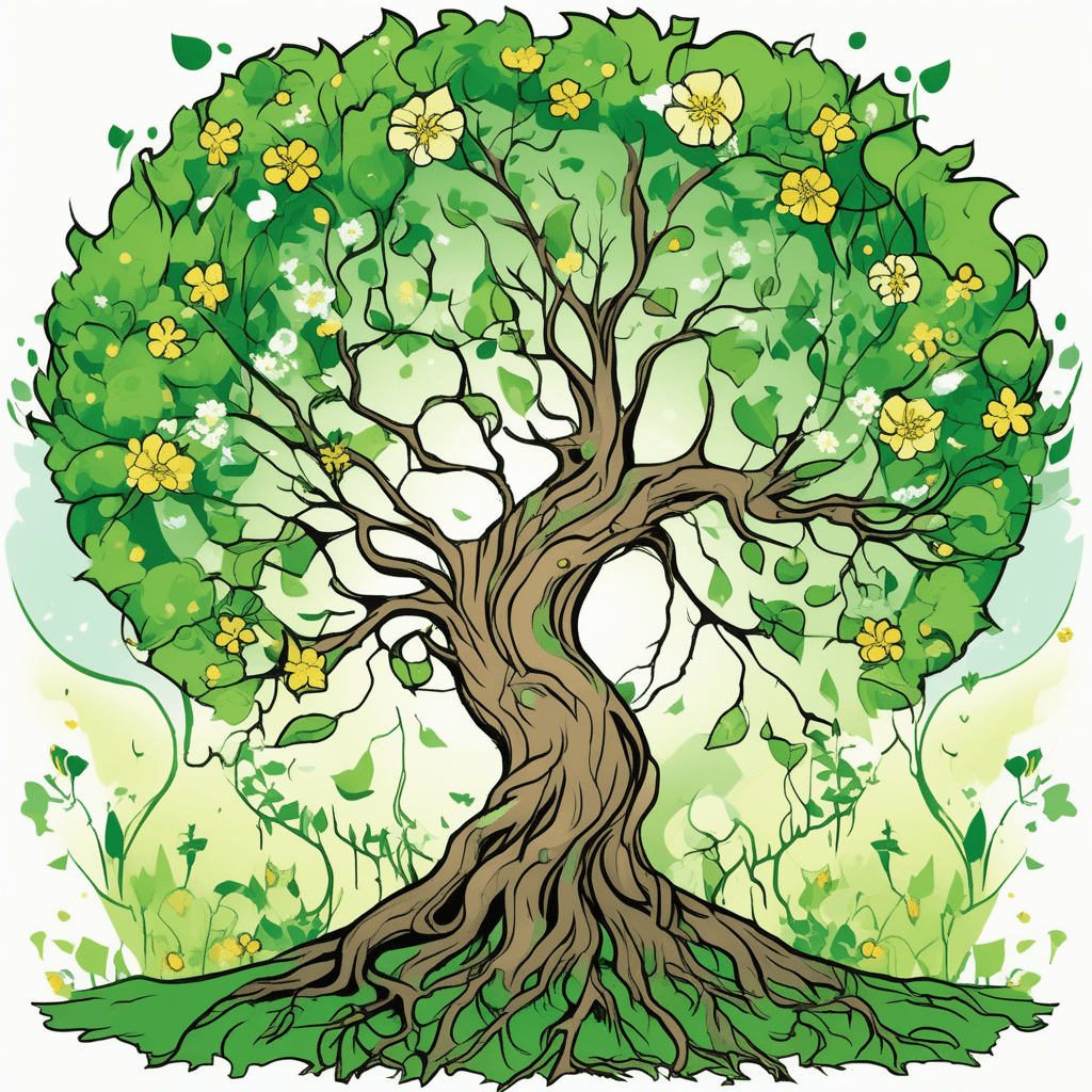 From withered roots comes regeneration's golden radiation — new creation blooms where vegetation celebrates the cycle of restoration