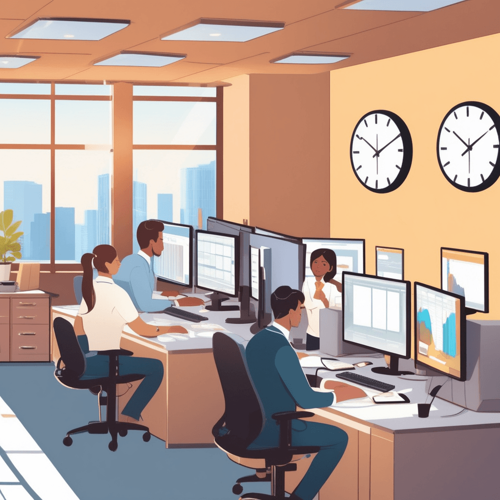several office employees sit at their desks typing on computers and reviewing documents during daytime. A large wall clock shows it's 2 PM as natural sunlight streams through windows. The workers appear relaxed and focused, following their predictable daily routine. Colleagues chat briefly between tasks while maintaining their steady work pace. Other employees walk by carrying coffee cups and files in the background. people working during normal business hours from morning to evening on weekdays