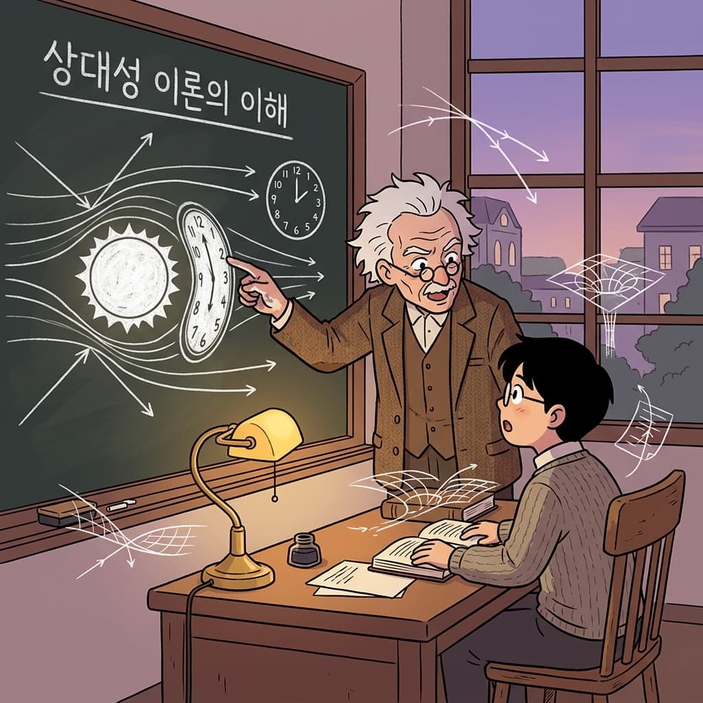 Einstein at his chalkboard shows how relativity bends time near massive objects.