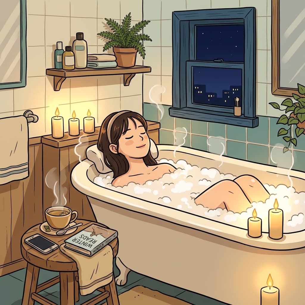 After a long week, she finds true relaxation in a warm bath with candles.